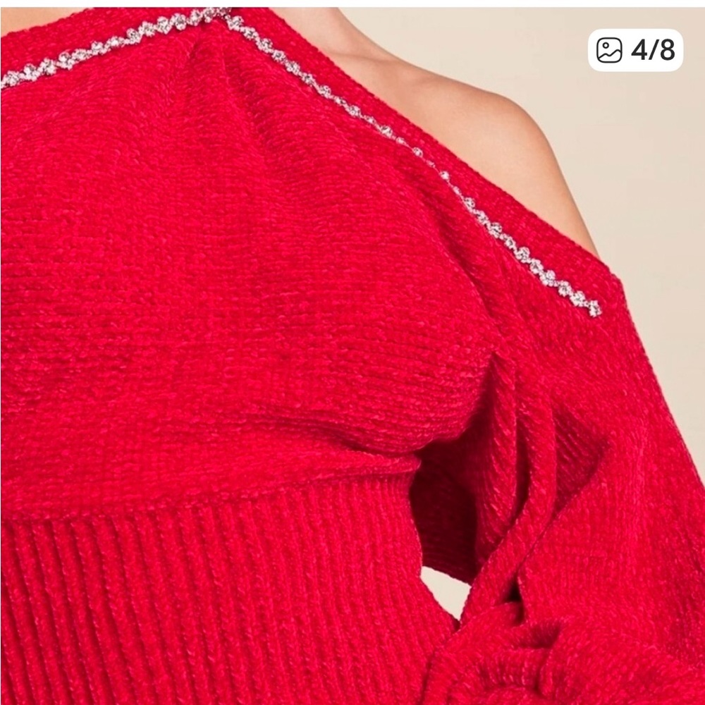 NWOT!!!VENUS Stylish Red Chenille Embellished Off-Shoulder Sweater - Picture 3 of 5